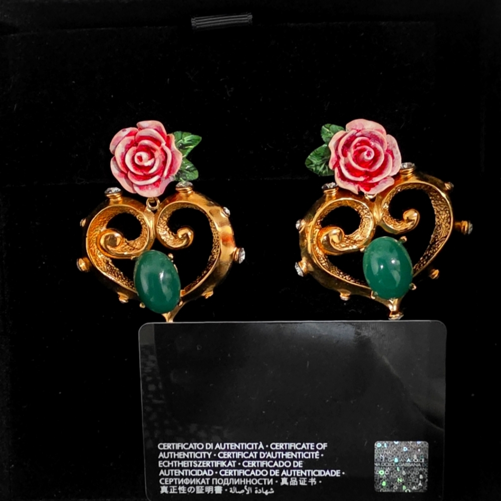 Dolce & Gabbana Gold Earrings with Green and Pink Floral Design - Picture 5 of 5